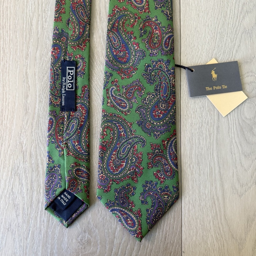Vintage Polo Ralph Lauren Silk Tie Green Paisley Print Mens Necktie Italy NEW